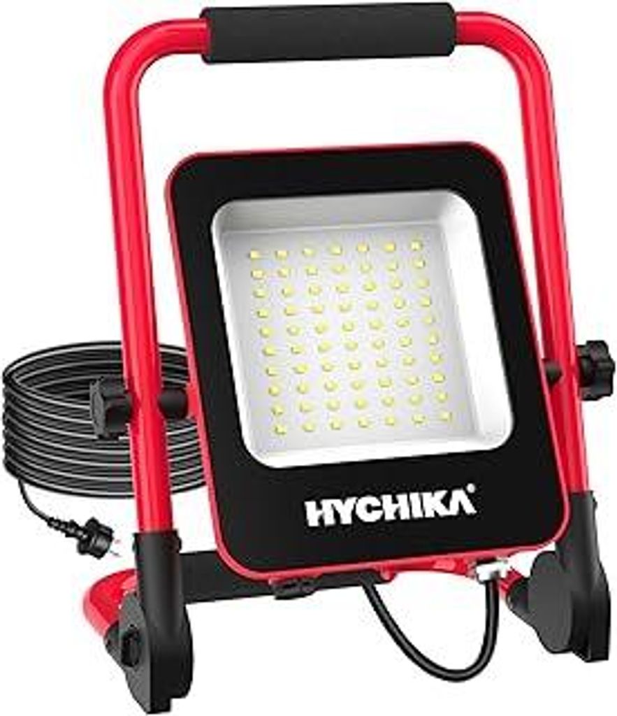 HYCHIKA LED Baustrahler, 50W 5500LM Arbeitsleuchte, IP65 Wasserdicht, 3M Kabel, Tragbar für Werkstatt, Baustelle, Garage, 6500K, Rot