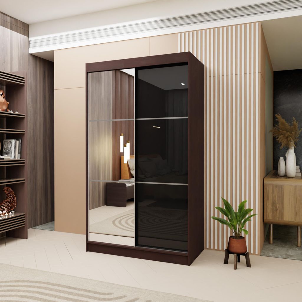 120 cm Kleiderschrank mit Schiebetüren Lumina II Moderner Kleiderschrank mit Spiegel und silbernen Sprossen Kleiderschrank fürs Schlafzimmer mit ...