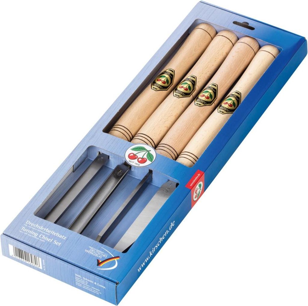 A set of woodturning chisels in their retail packaging.