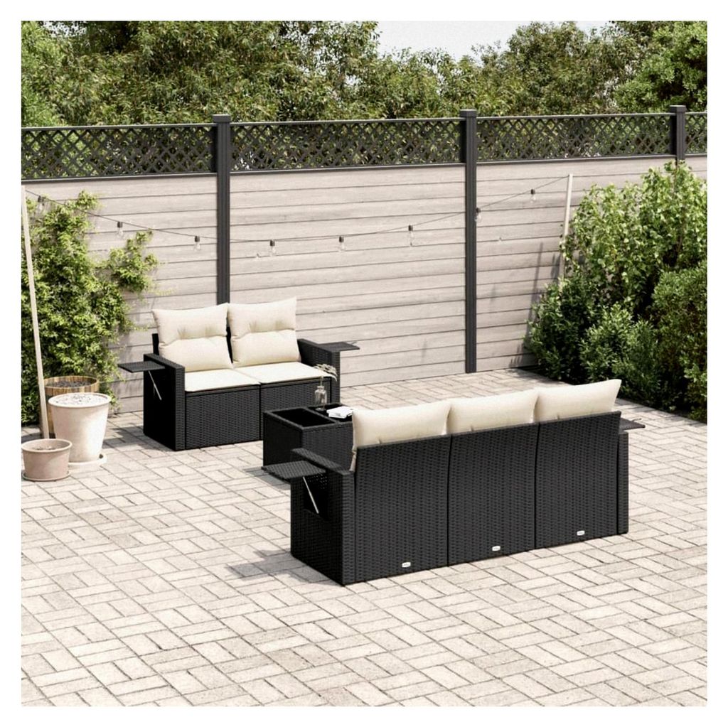 6-teiliges Gartensofa-Set mit schwarzen Kissen aus Polyrattan