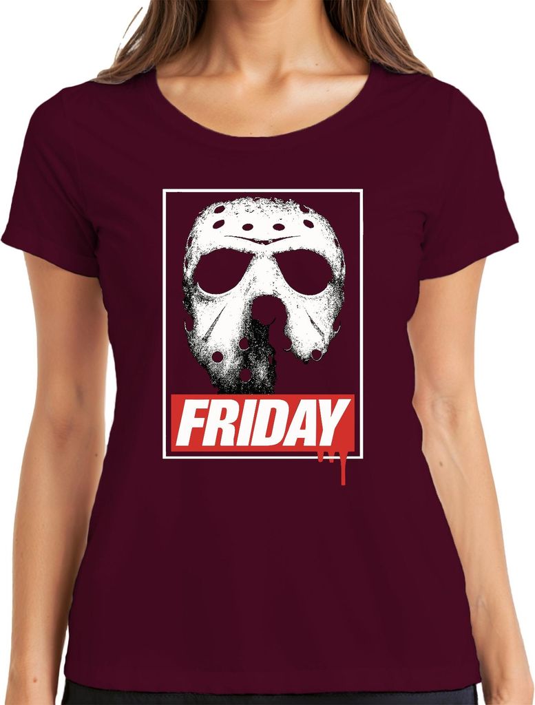 FRIDAY Hockeymaske Jason Freitag der 13 Horror Retro Grunge Blut Damen T-Shirt, Burgundy, L