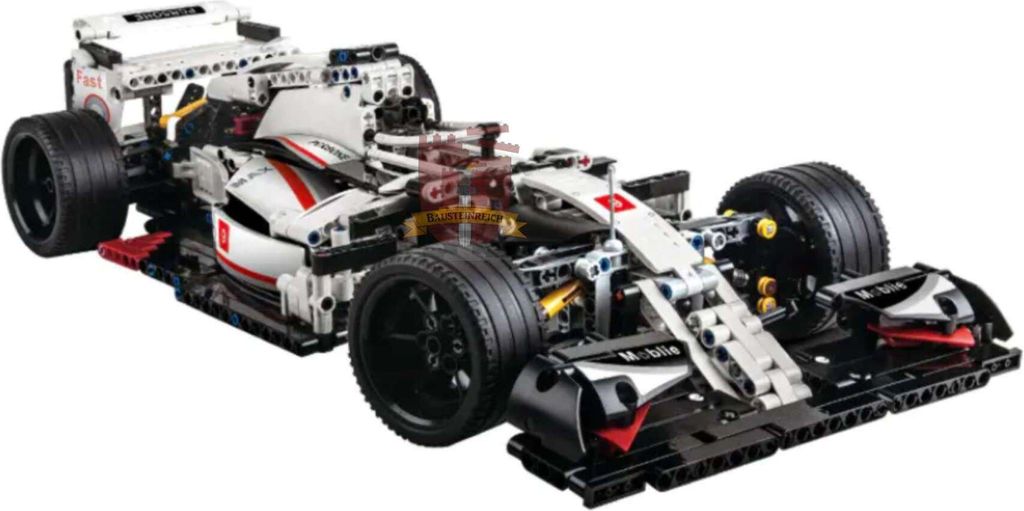 A detailed view of a white and red Lego-style racing car.