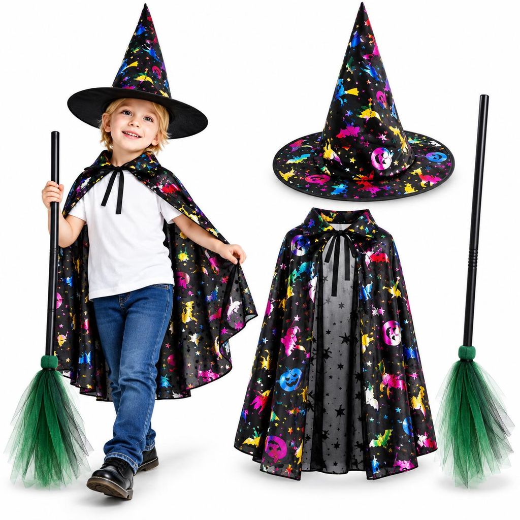 KRUMAD Halloween Kostuumset, 3-delig – Heksenhoed, cape met Productafbeelding 