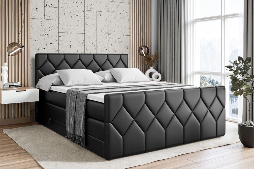 ALTDECOR Boxspringbett mit Fußteil, 2 Matratzen und Topper - 140x200 cm - CATOR-Z KING - Schwarz Kustleder - Polsterbett mit, H3- und H4- Matratze...