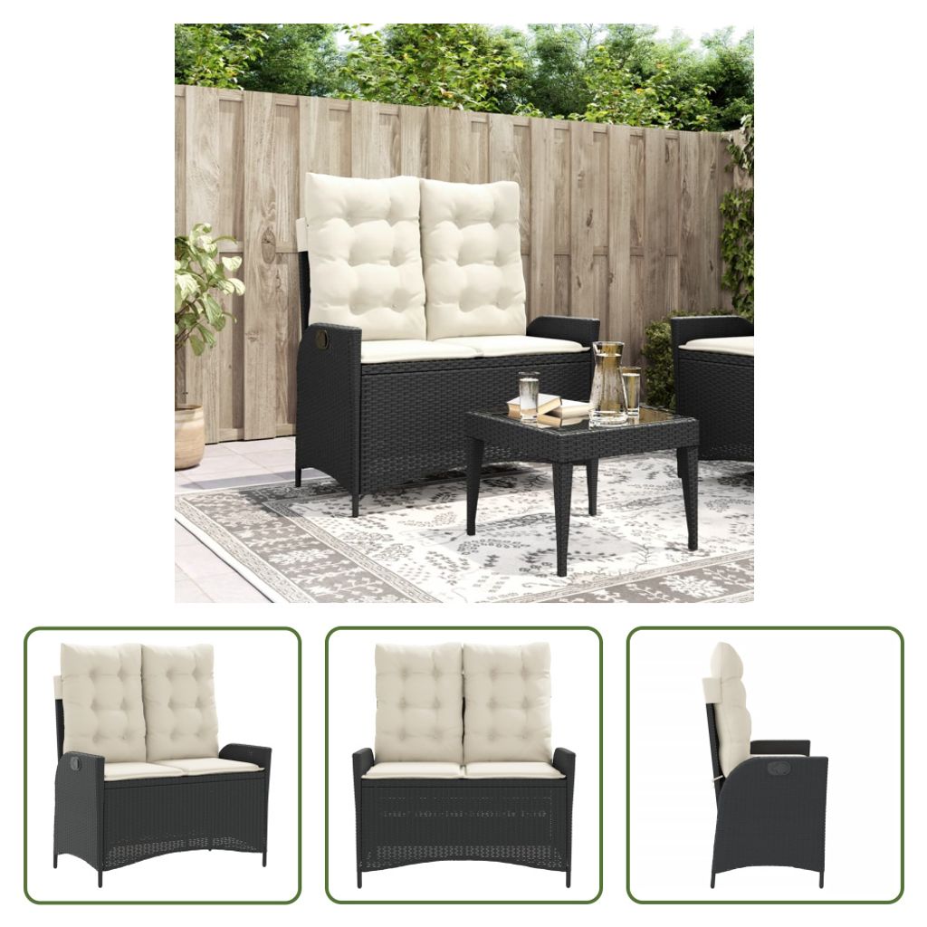 The Living Store Gartenbank Verstellbar mit Kissen Schwarz Poly Rattan