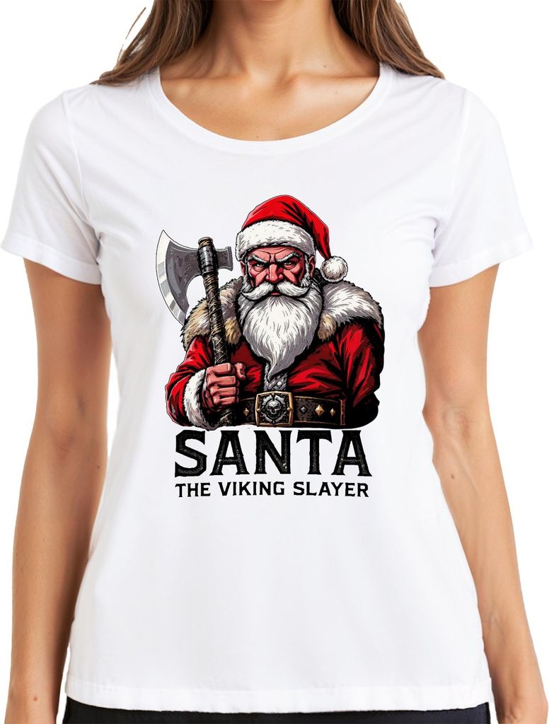 Santa The Viking Slayer Wikinger Axt Bart Weihnachten Geschenk Damen T-Shirt, Weiß, XXL