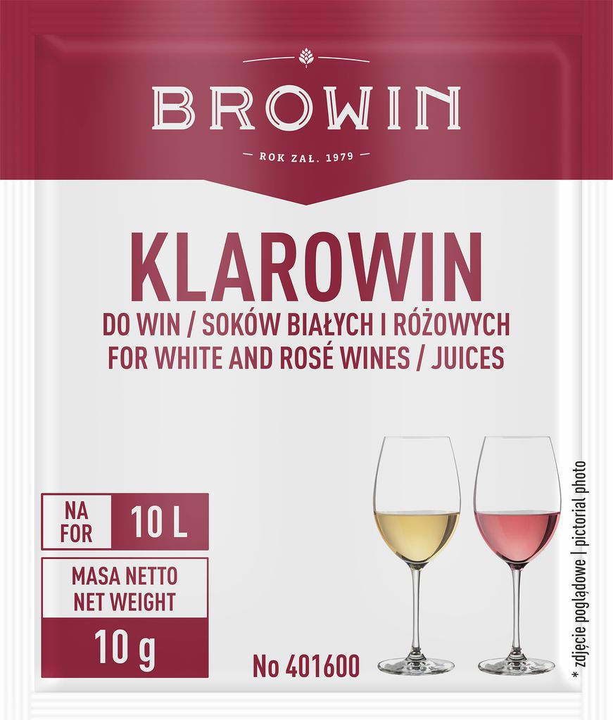 A product package for Browin Klarowin, a wine clarifier.