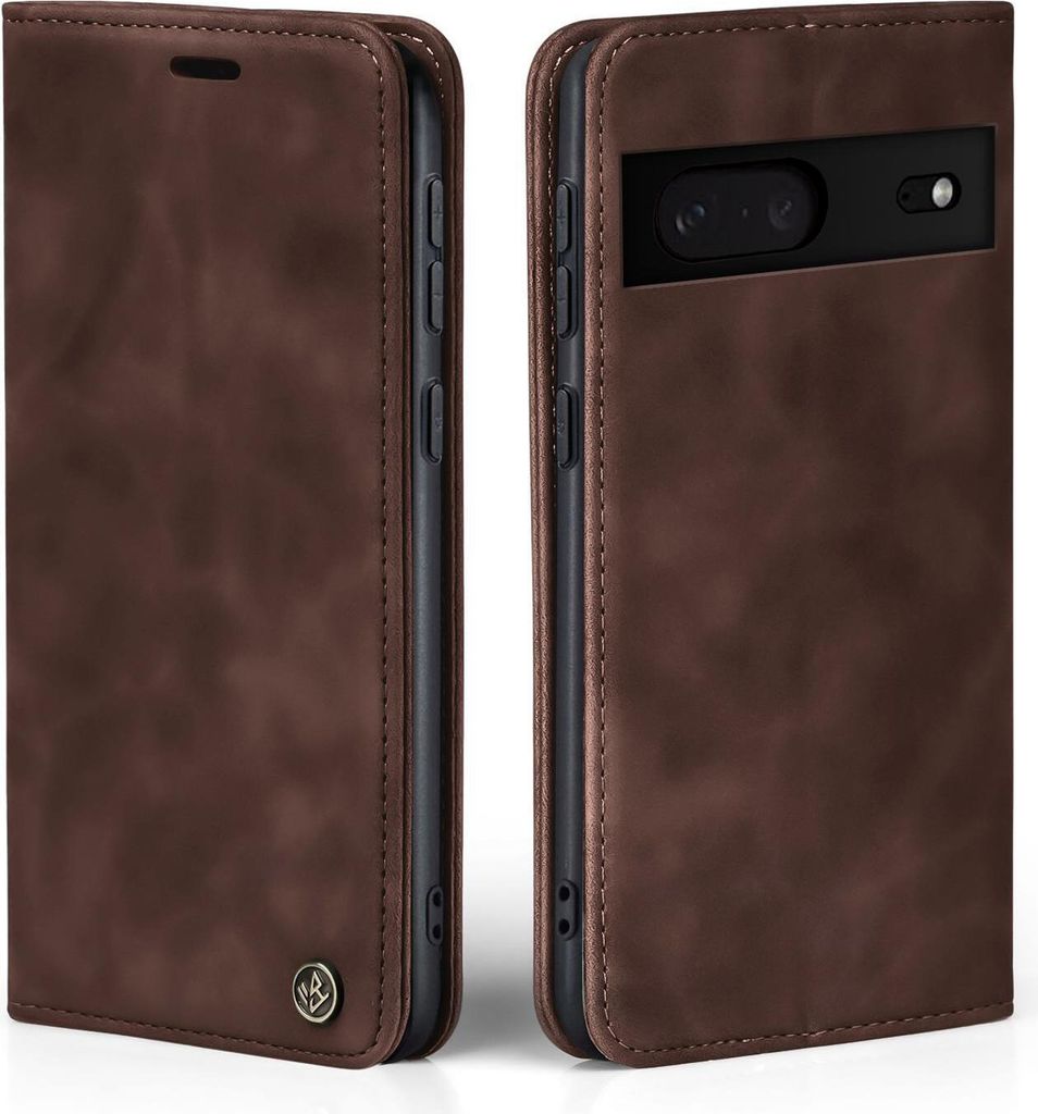 A brown flip-style phone case for a Google Pixel 7, shown from two angles.