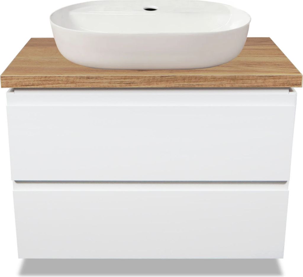 A white oval sink sits on top of a wooden countertop, which is placed on a white two-drawer cabinet.
