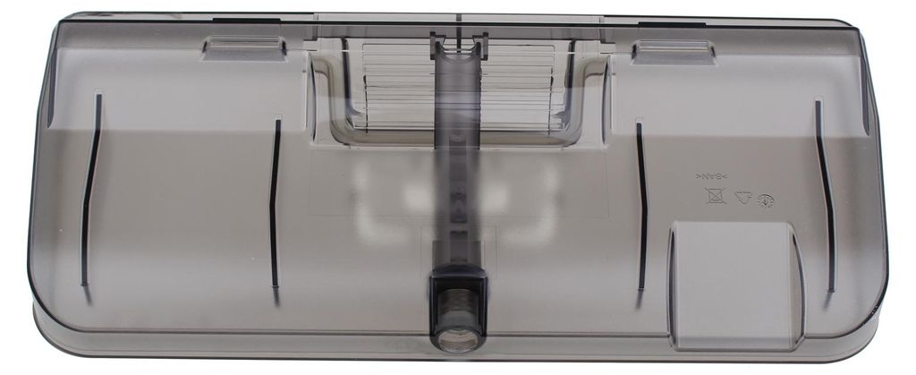 A transparent gray water tank for a steam cooker.