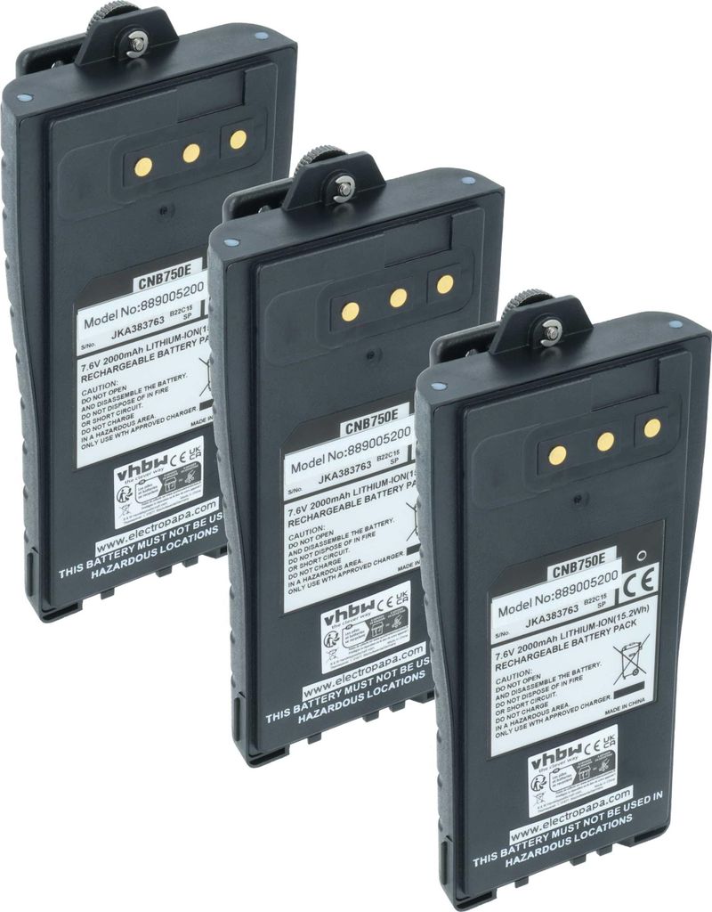 vhbw 3x Akku kompatibel mit Entel HT736T, HT735T, HT765T, HT762T, HT766T, HT780, HT782 Funkgerät, Walkie Talkie (2000 mAh, 7,6 V, Li-Ion) + Gürte...