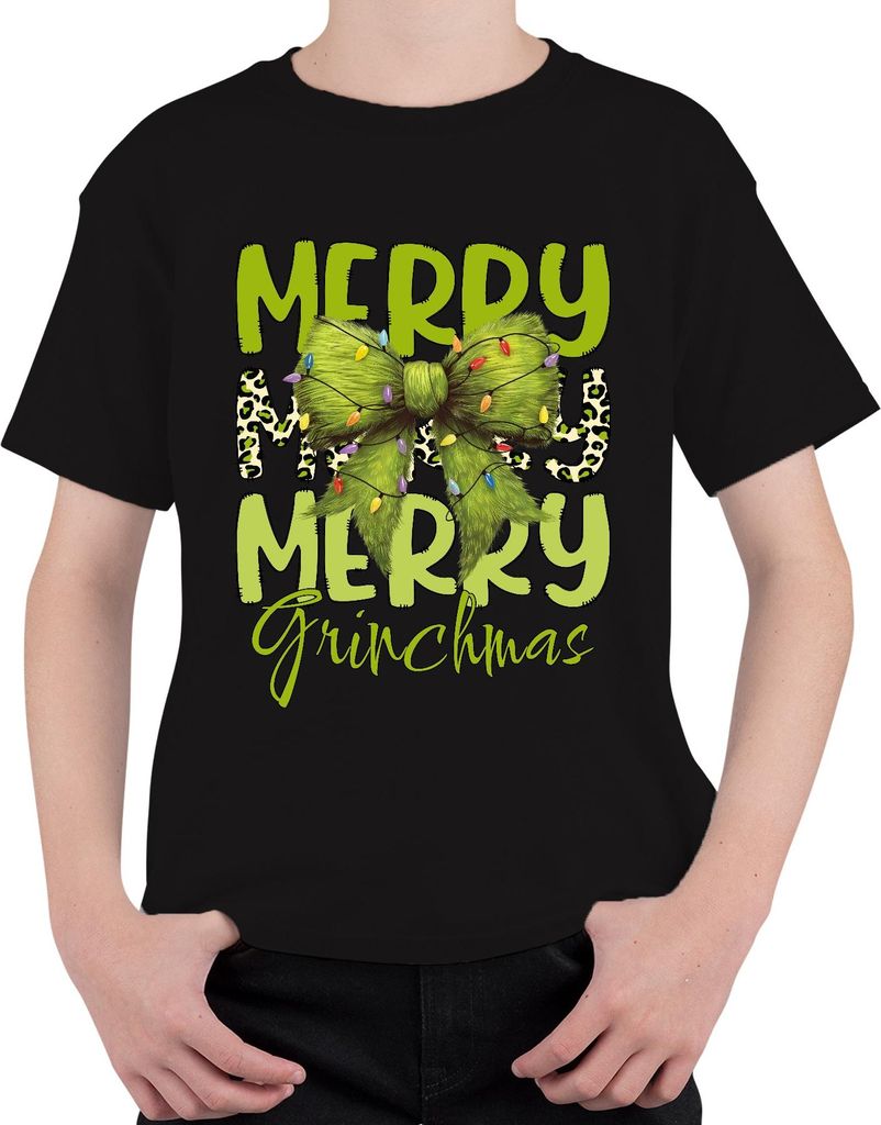 Merry Grinchmas grüne Schleife Weihnachten Leopardenmuster Geschenk Uni Kinder T-Shirt, Schwarz, 152