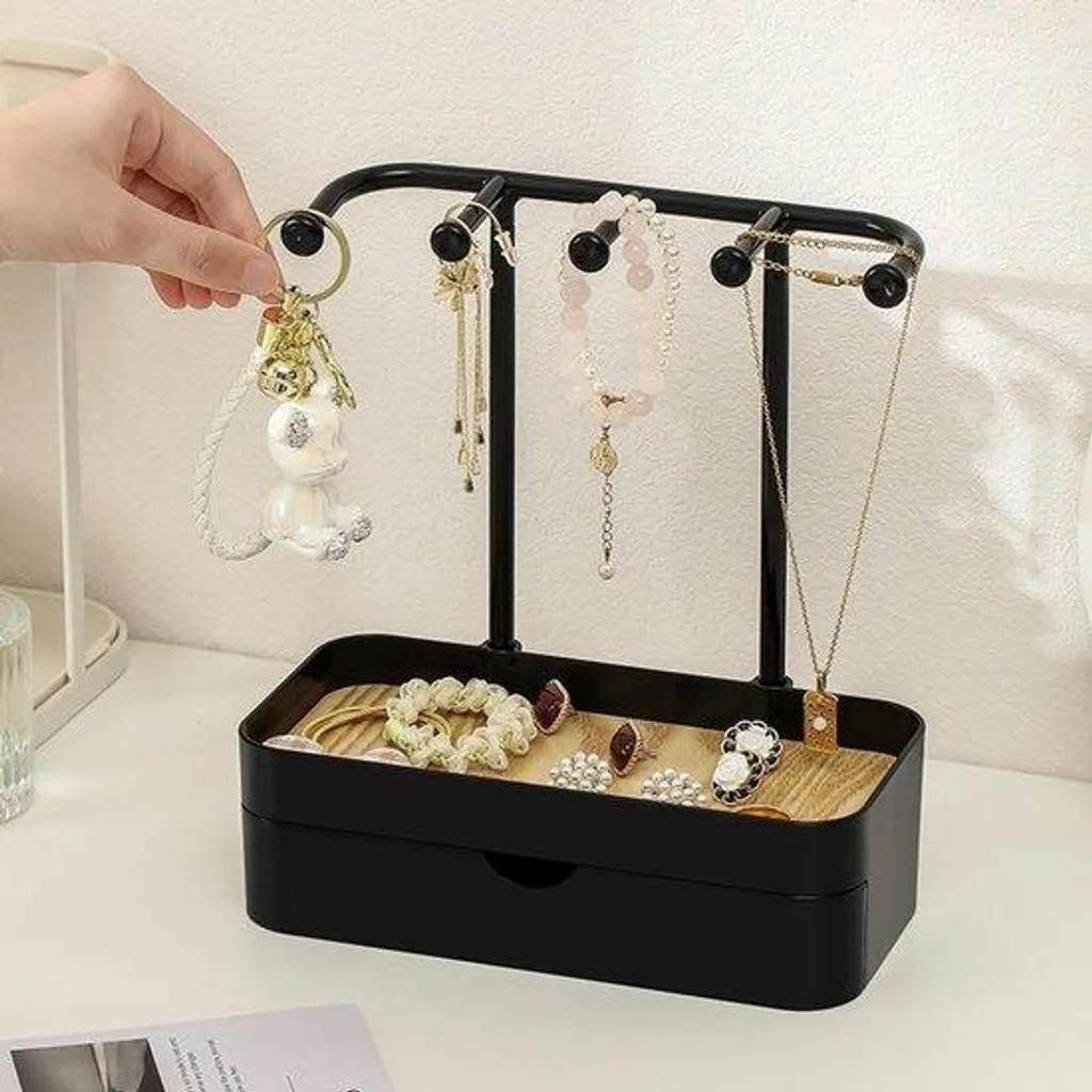 Porte-bijoux avec station de recharge et socle en bois noir élégant