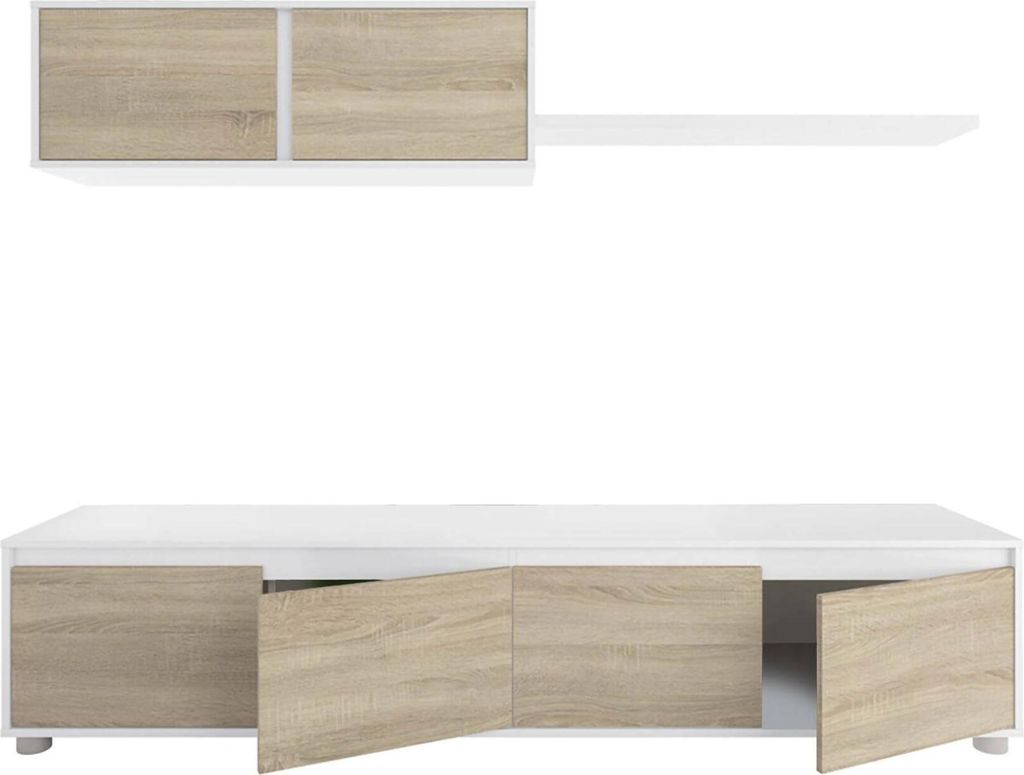 Einbaufertige Wand Savannah, TV-Ständer für Wohnzimmer, Zusammensetzung des Wohnzimmersets, Wohnzimmergarnitur mit Schrankwand, 200x41h43 cm, Wei...