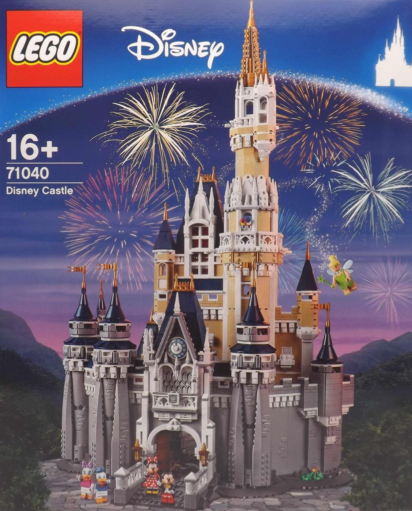 The image shows the packaging of a LEGO Disney Castle set, with fireworks in the background.
