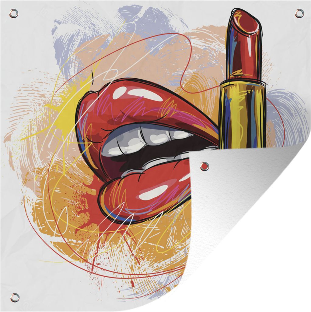 MuchoWow 50x50 cm Outdoor-Poster Gartendeko Sichtschutz Garten Poster für den Garten Eine Illustration eines Paares roter Lippen mit Lippenstift