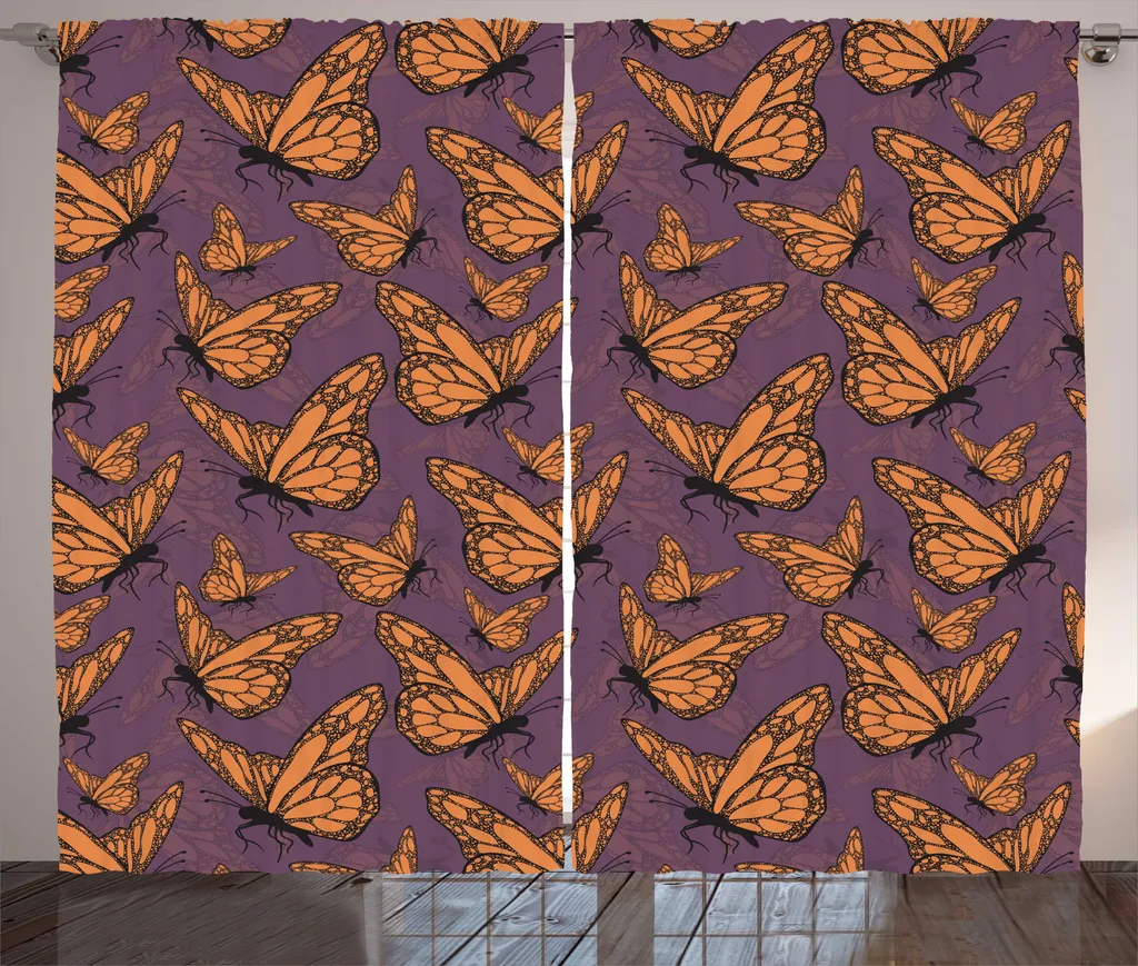 Rideau Imprimé Papillon Aubergine 280x225 cm avec Boucles et Crochets