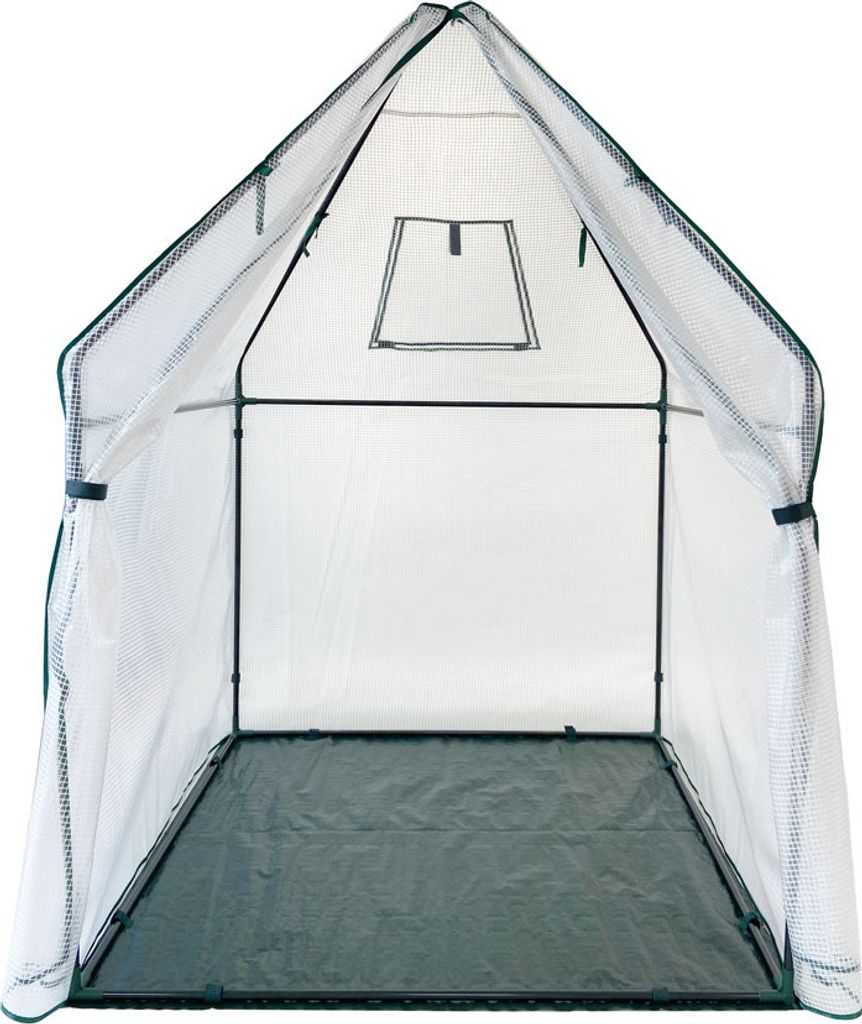 An empty greenhouse tent with a clear plastic cover and a dark green floor.