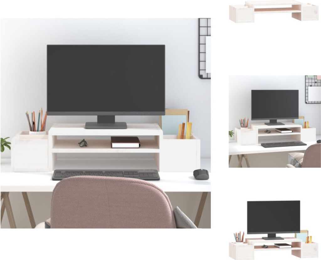 vidaXL Monitorständer Weiß 70x27,5x15 cm Massivholz Kiefer - Computer-Monitorständer