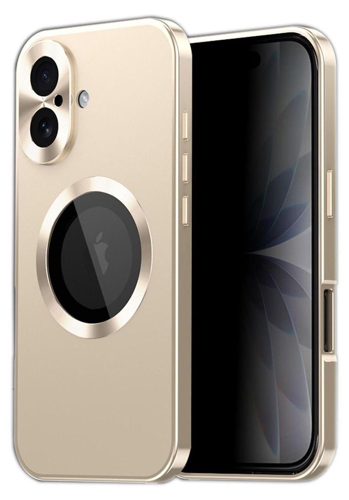 A gold-colored phone case with a circular cutout for the camera module and a larger circular cutout for MagSafe, shown next to a smartphone.