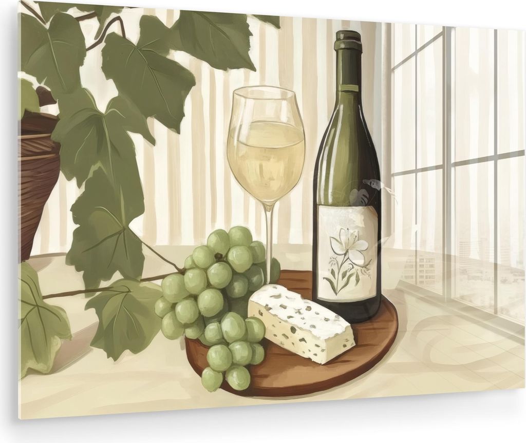 MuchoWow Glasbilder - Bilder auf Wandbild - Foto auf Glas Wein - Trauben - Käse - Laub 90x60 cm Wanddekoration aus Glas - Acrylglasbild - Acrylbil...