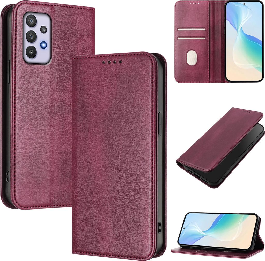 Handyhülle für Samsung Galaxy A32 4G, Vintage Leder RFID Schutz Kartenfach Standfunktion Magnetische Klapphülle Rot
