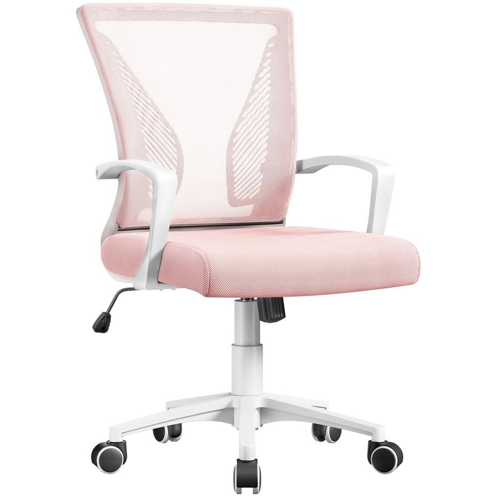 A pink and white ergonomic office chair with mesh back and adjustable height, shown from the front on a white background.