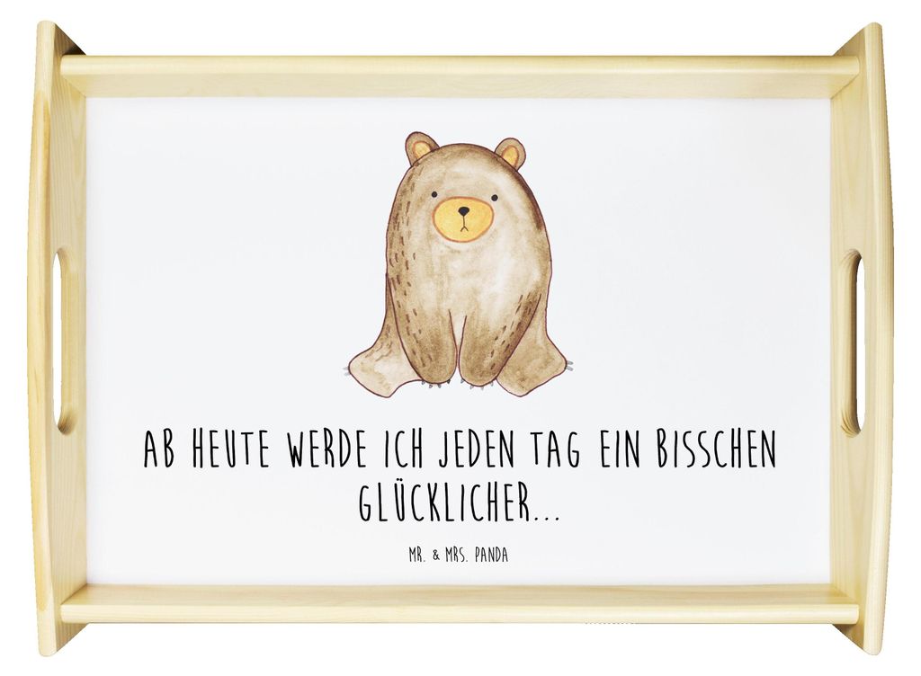 Mr. & Mrs. Panda Deko Tablett Bär sitzend - Weiß - Geschenk, Teddy, Holztablett, Servier, Serviertablett, aus holz