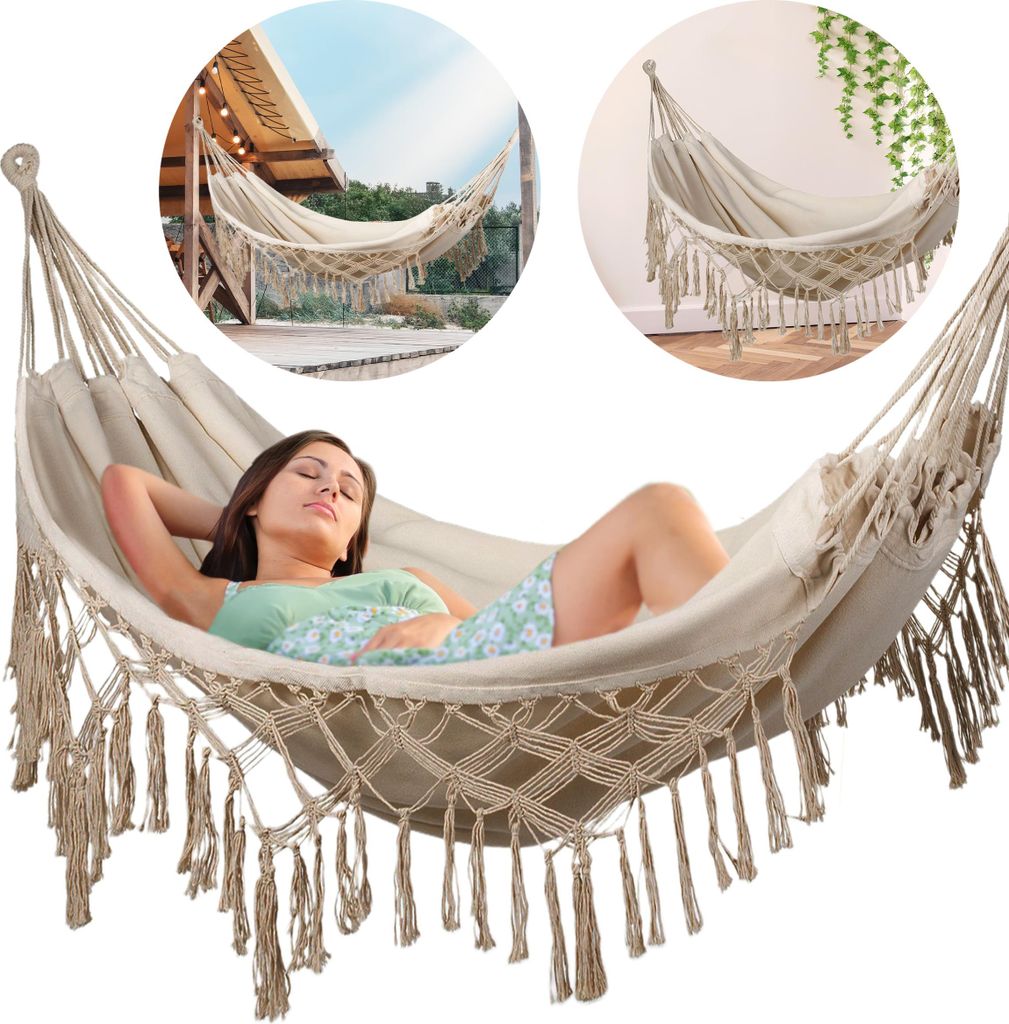 Outtec Hängematte - 200x150 cm, bis 200kg - Boho Baumwoll Hammock für Outdoor, Garten, Balkon - für Kinder und Erwachsene - Beige