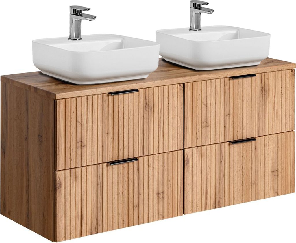 Badmöbel Waschtisch mit 120 cm Unterschrank Set Wotaneiche gerillt ADELAIDE-56 2x 40 cm Keramik-Waschbecken, B/H/T 120,6/73,2/46,5 cm