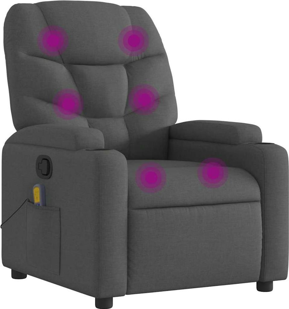 A dark gray fabric massage chair with purple circles indicating massage points.
