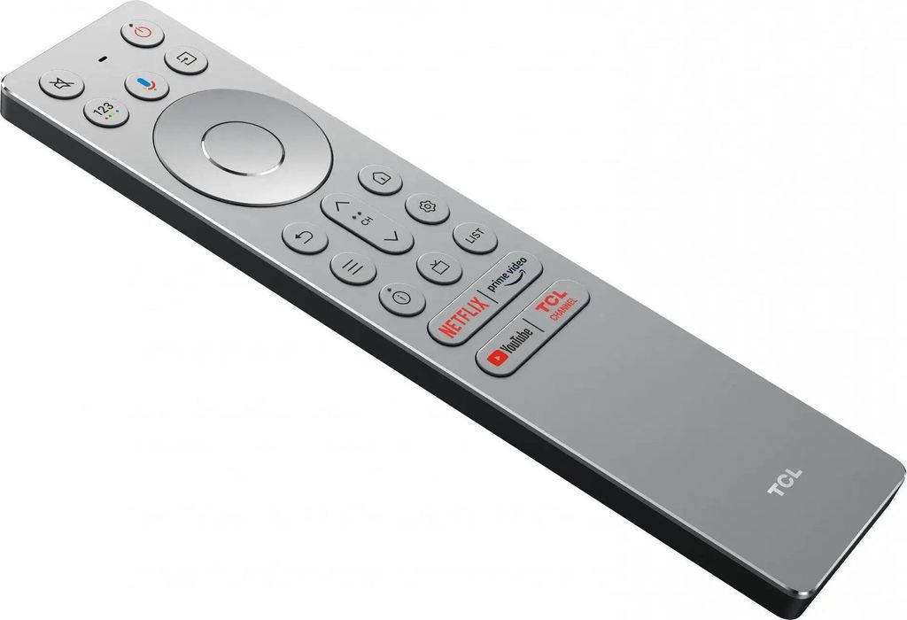 A silver TCL remote control is shown against a white background.