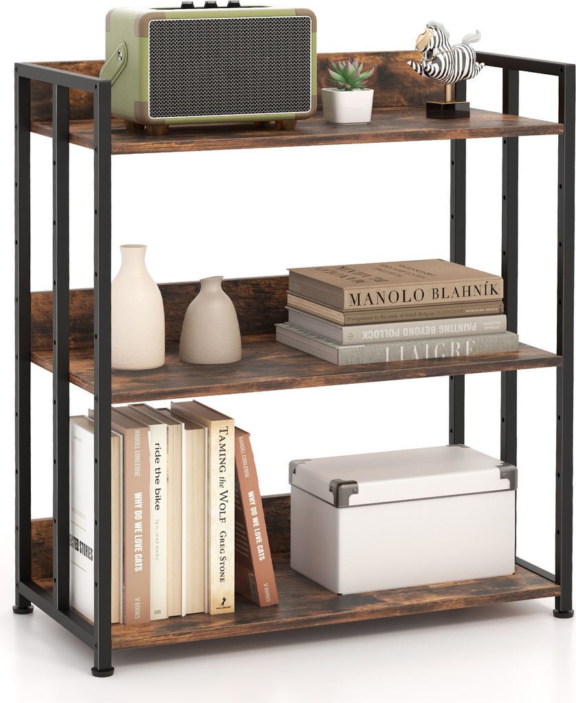 COSTWAY 3-stöckiges Bücherregal, industrielles Ablageregal mit verstellbaren Regalböden und Metallrahmen, Eckregal mit Kippschutz, DIY-Regal fü...