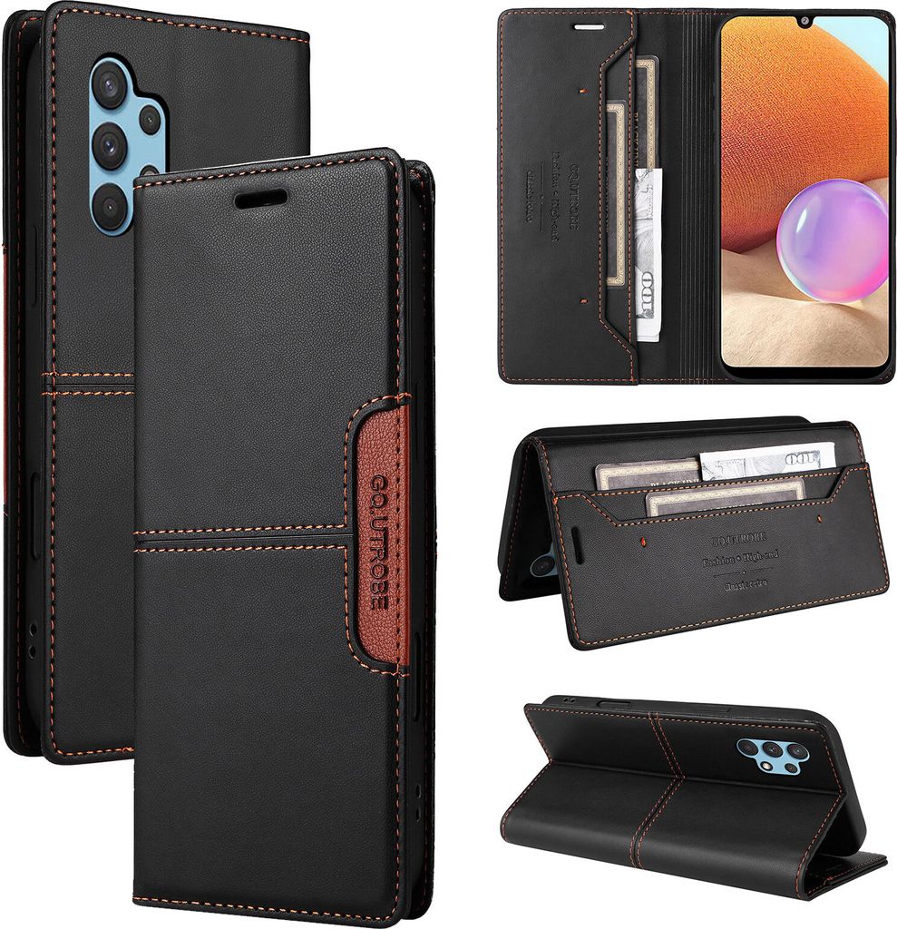 Handyhülle für Samsung Galaxy A32 4G Hülle, Leder Flip Wallet Kartenfach Stand Schutzhülle Schwarz