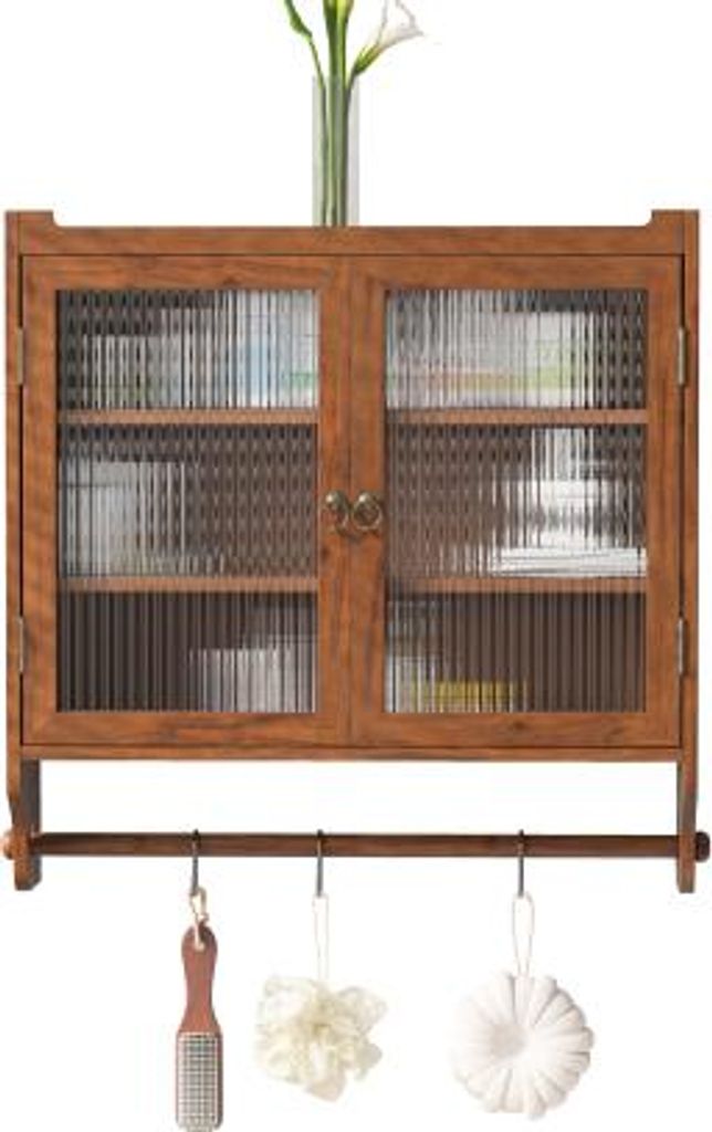 AIORBER Wandschrank Holz 63cm mit Glastüren und Handtuchhalter Vintage Hängeschrank Bad Küche Esszimmer Aufbewahrung – Braun