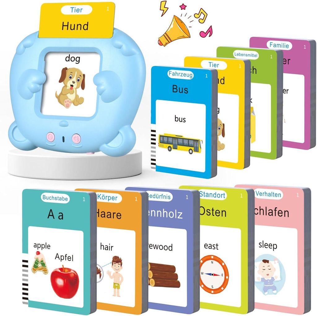 Deutsch sprechende Flash-Karte, Lernkarten mit 510 Woertern,Sprechen Lernen Deutsch Englisch Mit 2 Sprachmodi, Spielzeug fuer Kinder 3-6 Jahre,Blau