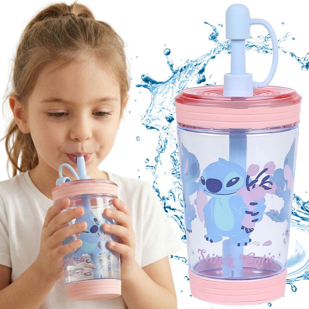 Disney Stitch auslaufsicherer Becher für kalte Getränke mit Strohhalm, transparent, 480 ml