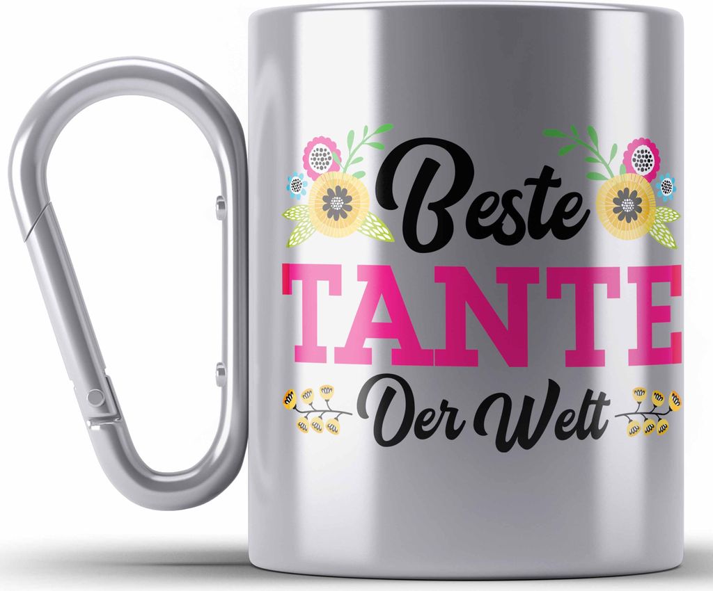Trendation - Beste Tante der Welt Geschenk Edelstahl Tasse Karabiner Spruch für Tante Weihnachten Lieblings Verrückte Tante Coole Geschenkidee (S...