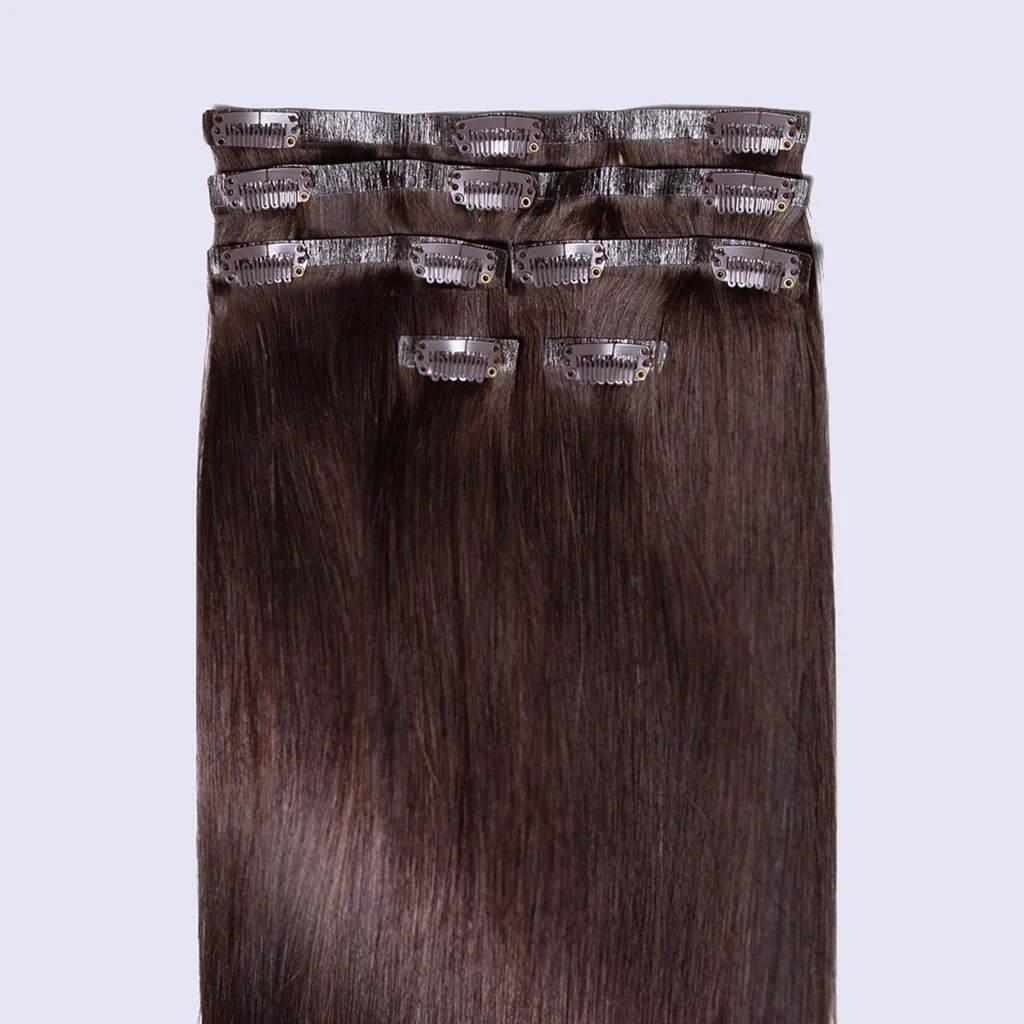 Extension clip naturelle 40 cm brun foncé n°2 pour cheveux fins 50g