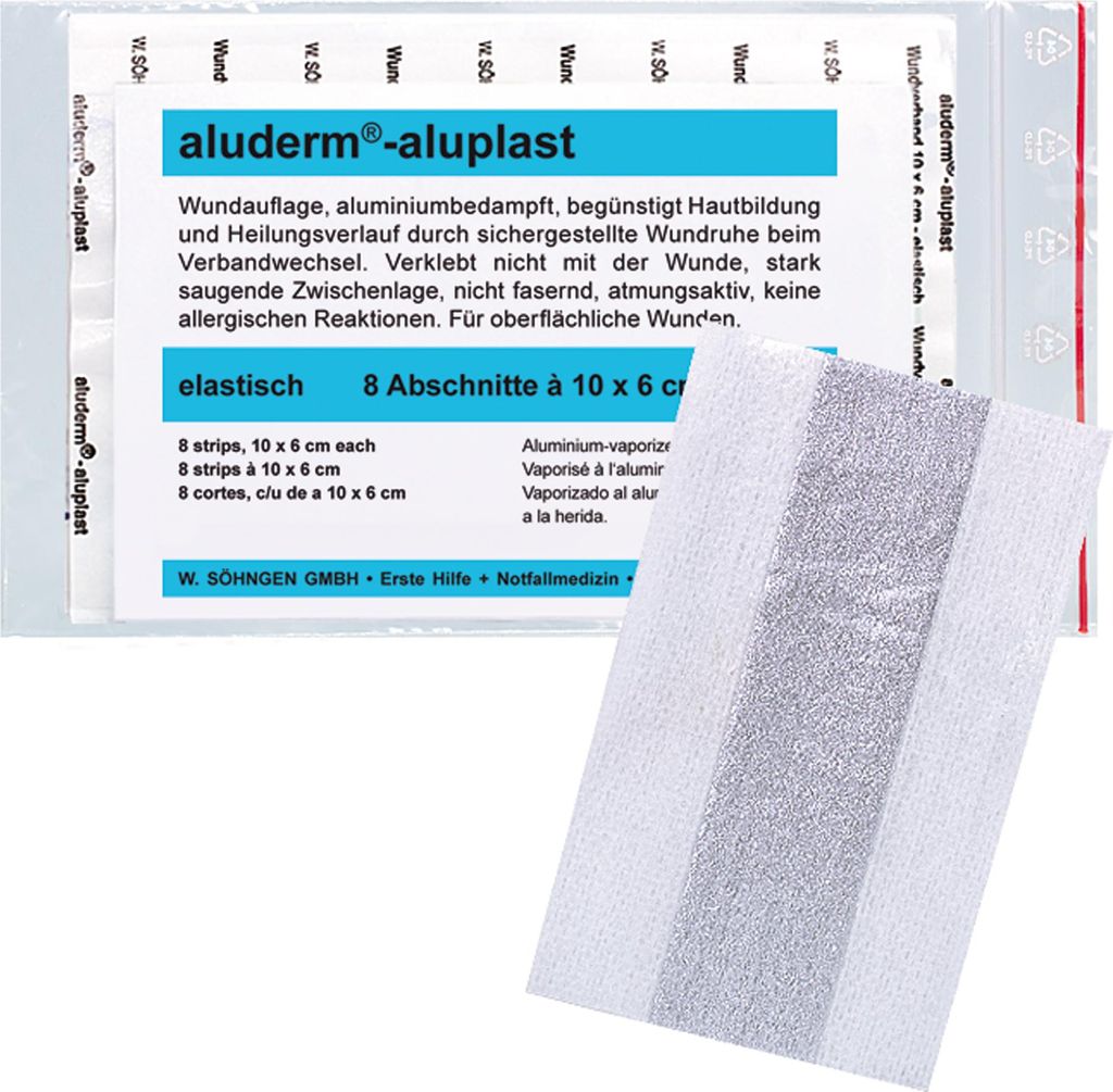 A product package with a wound dressing partially visible.