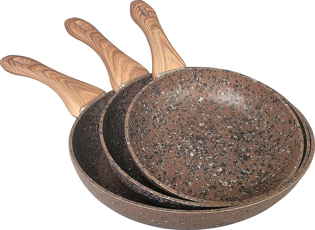 Three frying pans of varying sizes are stacked and angled against a white background.