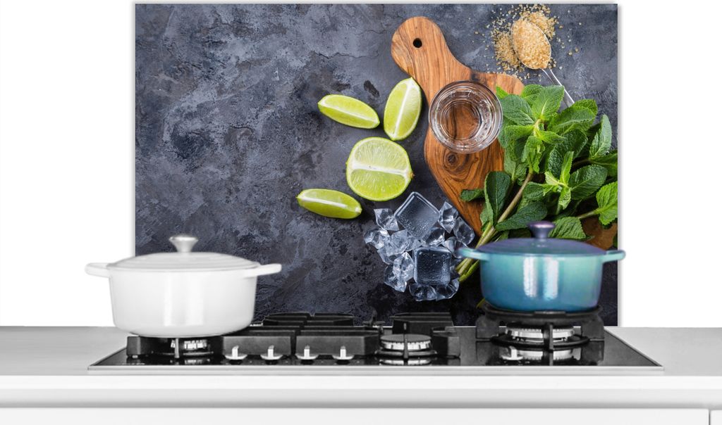 KitchenYeah Spritzschutz Küche - Küchenrückwand - Wandschutz für Herd und Spüle - Schneidebrett - Glas - Obst - Zitrone 90x60 - Alu-Dibond ...