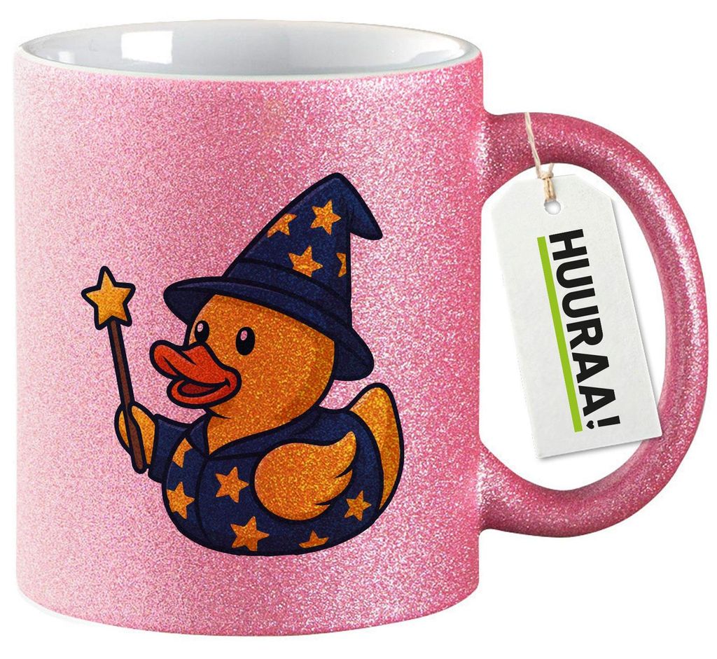 Huuraa Glitzertasse Quietscheente Zauberer Gummiente Magier 330ml Pink Keramik Kaffeebecher Geschenkidee