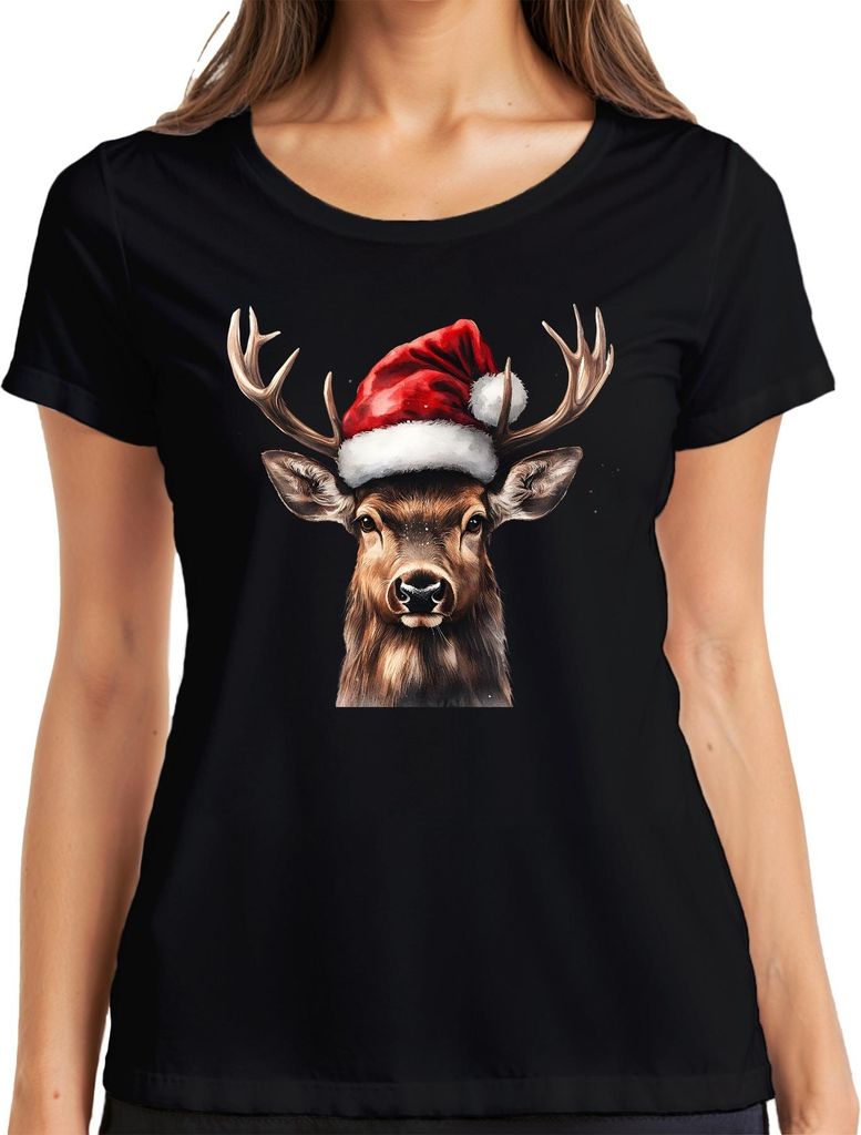 Weihnachtsrentier Santa Hat Geweih Geschenk Winter Realistisch Damen T-Shirt, Schwarz, XL