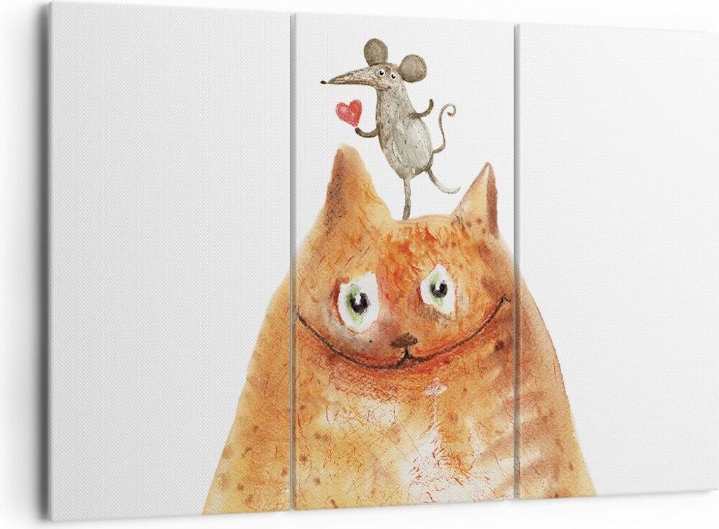 Bild auf Leinwand - Leinwandbild - 3 Teile - Katze Maus Kinder - 165x110cm - Wand Bild - Wanddeko - Wandbilder - Leinwanddruck - Bilder - Wanddekor...