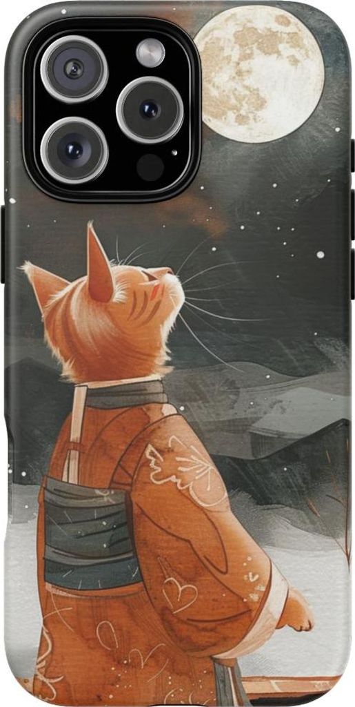 Orangefarbene Katze im traditionellen Gewand bei Vollmond – Hülle Kompatibel mit iPhone 16 Pro Max
