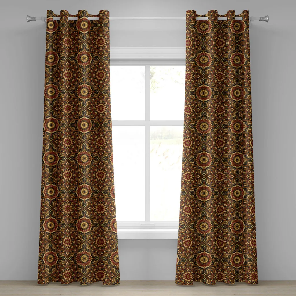 ABAKUHAUS Tenda con occhielli motivo turco, antico motivo bizantino nei colori scuri, mosaici medievali stilizzati, tende decorative a 2 pannelli, 280 cm x 245 cm, senape nero rubino