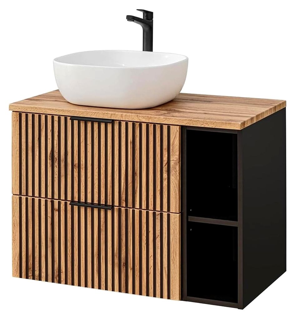 Waschtisch mit Regal Schwarze Rillen 80,6x74,2x46,5 cm Unterschrank Waschtischplatte Aufsatzwaschbecken anthrazit mit Eiche Nb.