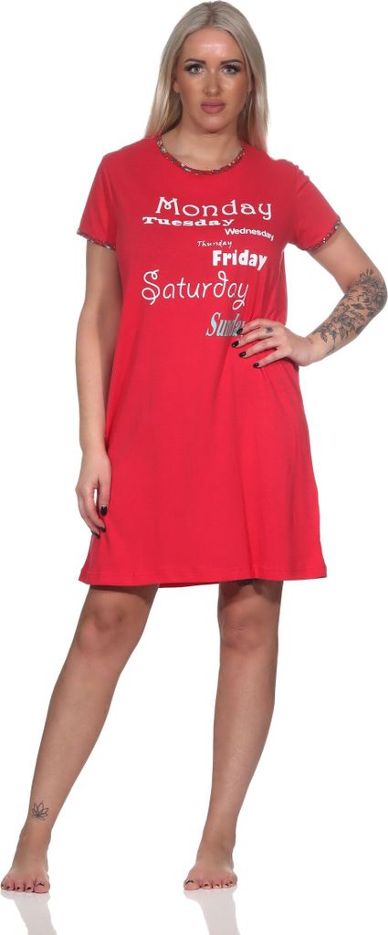 Damen Nachthemd kurzarm mit Rundhals und verspieltem Front-Print ; rot , 44