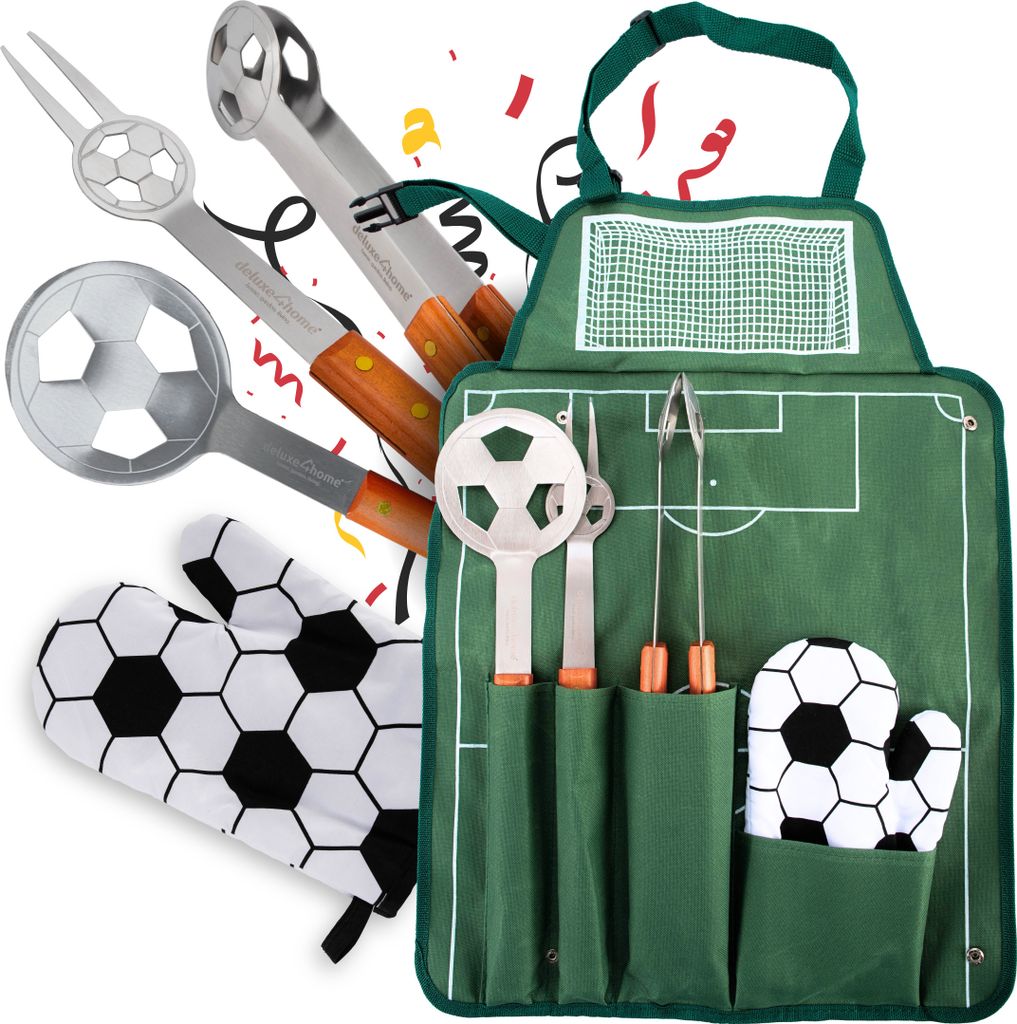deluxe4home Grillbesteck im Fußball-Look I inkl. Grillzange Grillwender Grillschürze Grillgabel Grillhandschuh I BBQ Tools Grillzangenset